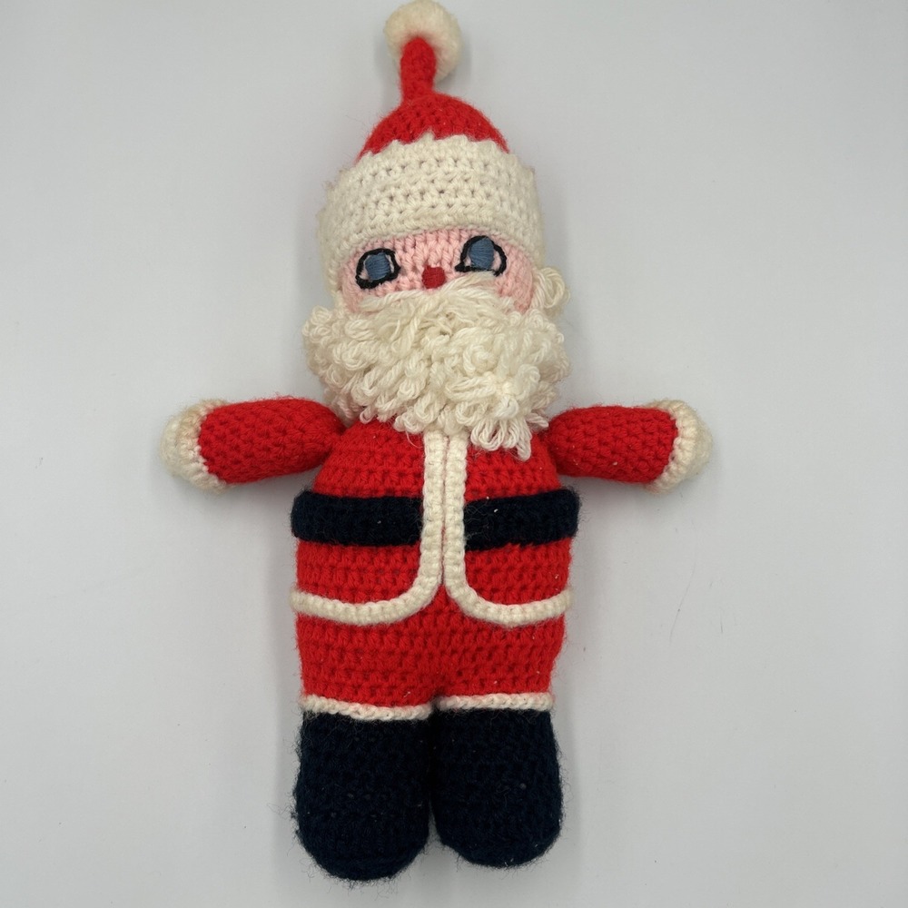 Vintage Handmade Crochet Knit SANTA CLAUS Christmas Holiday 16" Plush Blue Eyes